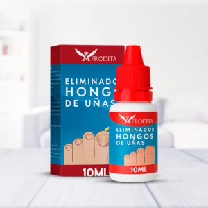 Bote de 10 ml de Eliminador de Hongos en Uñas Afrodita con gotero rojo, junto a su caja azul y roja, mostrando de pies con uñas sanas.