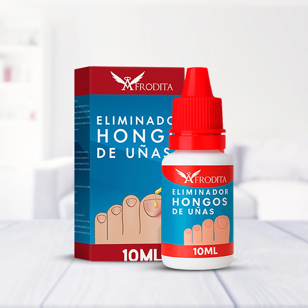 Bote de 10 ml de Eliminador de Hongos en Uñas Afrodita con gotero rojo, junto a su caja azul y roja, mostrando de pies con uñas sanas.