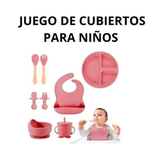 Juego de cubiertos de silicona rosa para niños, incluye tenedor, cuchara, plato dividido, babero, taza y cuenco. Ideal para bebés y preescolares que aprenden a comer solos.