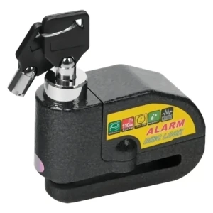 Candado de disco en acero inoxidable con alarma de 110dB, llave incluida y etiqueta amarilla frontal.