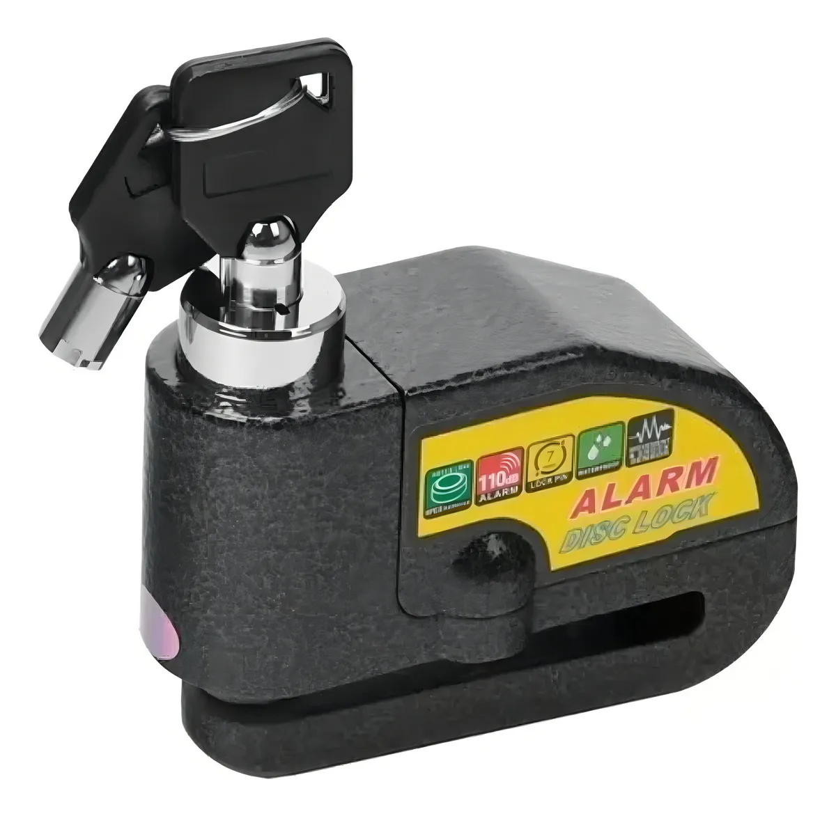 Candado de disco en acero inoxidable con alarma de 110dB, llave incluida y etiqueta amarilla frontal.