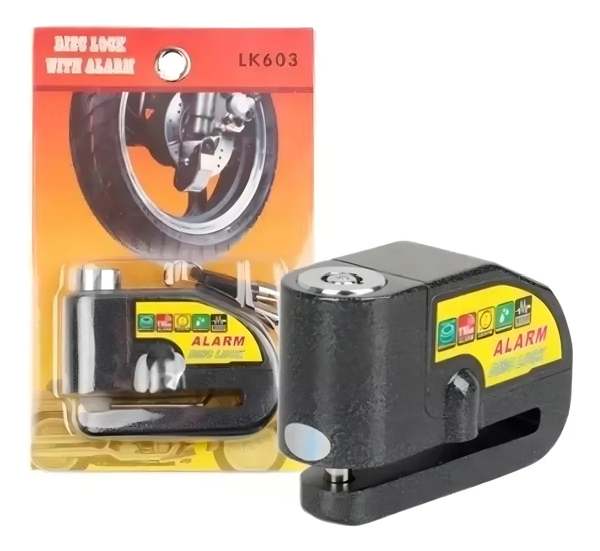 Candado para moto en acero inoxidable con alarma integrada, modelo LK603, mostrado en su empaque original junto al producto desempaquetado.