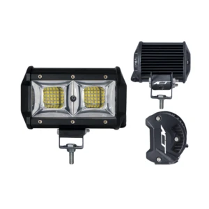 Reflector LED off-road negro, doble cara con dos módulos amarillos, incluye soporte de montaje y vista trasera con disipador de calor.