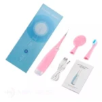 Cepillo dental eléctrico recargable en color rosa con cabezales intercambiables, cable USB, estuche azul y manual de instrucciones.