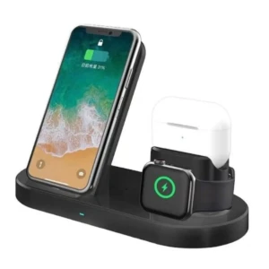 Base H10 cargador inalámbrico negro con iPhone, Apple Watch y AirPods en posición de carga.