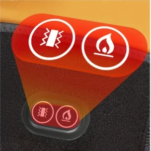 Masajeador térmico para rodilla con iconos de vibración y calor en panel frontal rojo sobre superficie oscura.