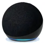 Altavoz Bluetooth 5.1 esférico negro con malla textil y anillo LED azul en base.