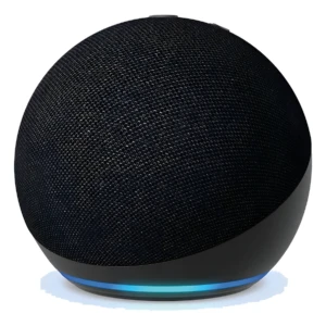 Altavoz Bluetooth 5.1 esférico negro con malla textil y anillo LED azul en base.