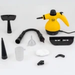 Vaporizador eléctrico amarillo con manguera flexible y accesorios: boquilla, embudo, recipiente, esponja y adaptadores.