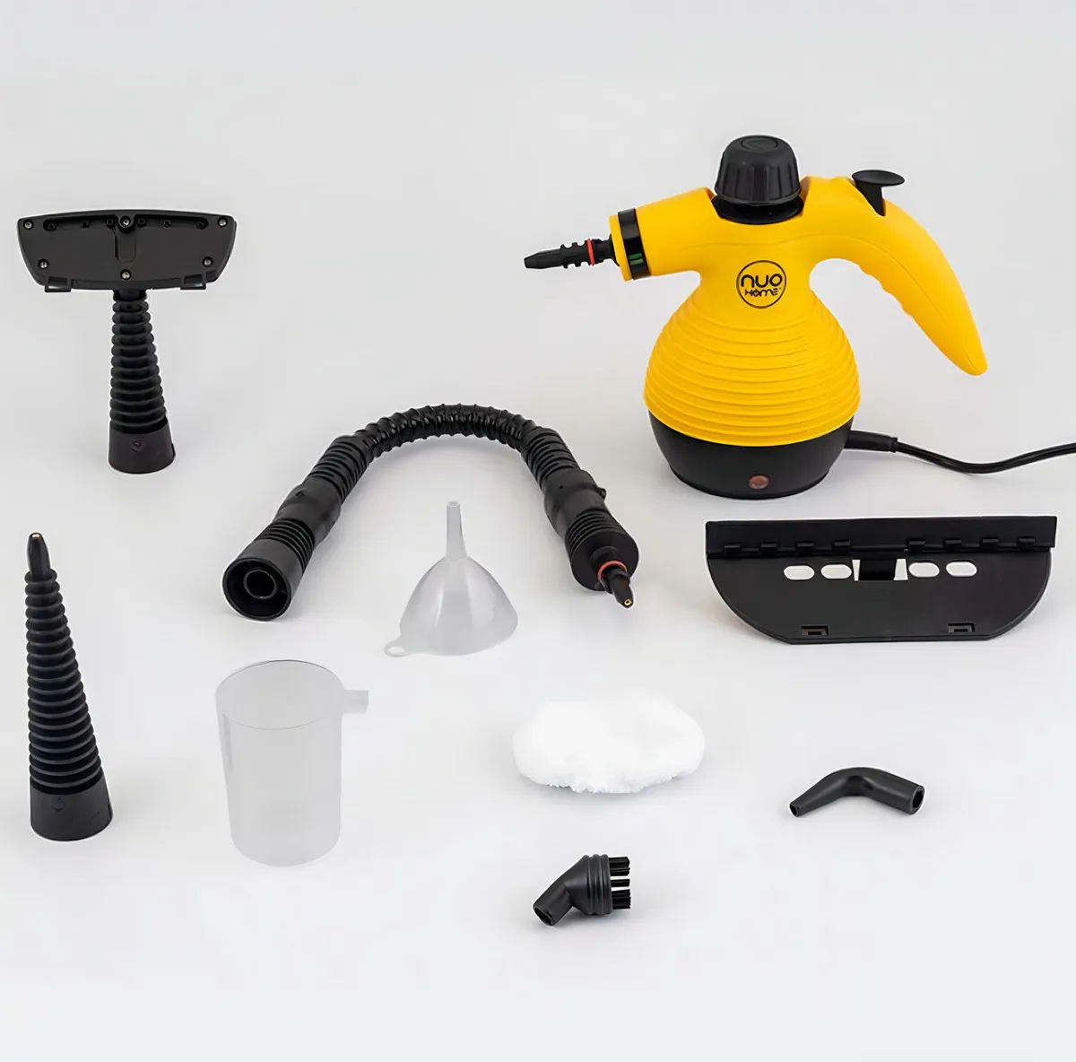 Vaporizador eléctrico amarillo con manguera flexible y accesorios: boquilla, embudo, recipiente, esponja y adaptadores.