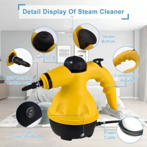 Vaporizador eléctrico amarillo con manguera negra, detalles en negro y mango ergonómico; incluye luz indicadora, botón de vapor y conexión de manguera visible.