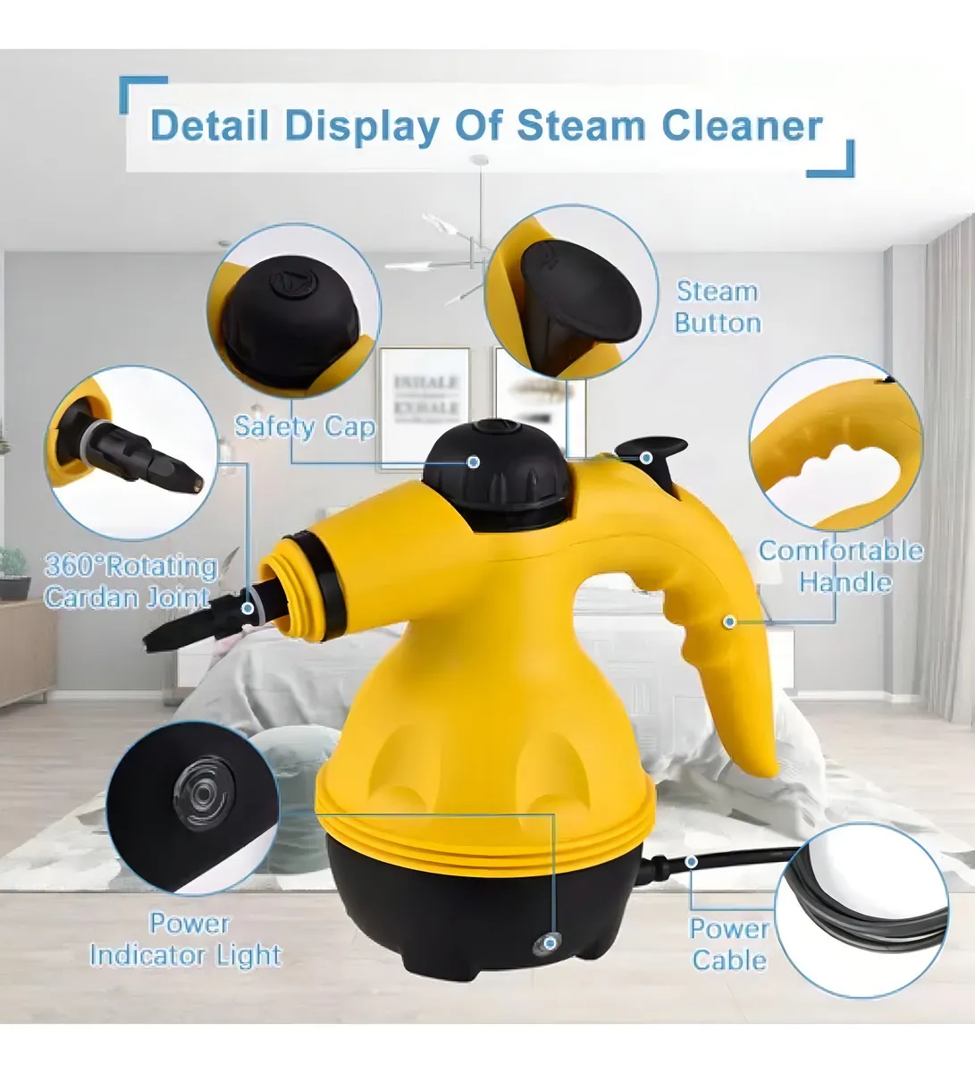 Vaporizador eléctrico amarillo con manguera negra, detalles en negro y mango ergonómico; incluye luz indicadora, botón de vapor y conexión de manguera visible.