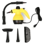 Vaporizador eléctrico amarillo con manguera flexible, base negra y accesorios incluidos: boquilla plana, punta estrecha y panel de control. Cable de alimentación visible.