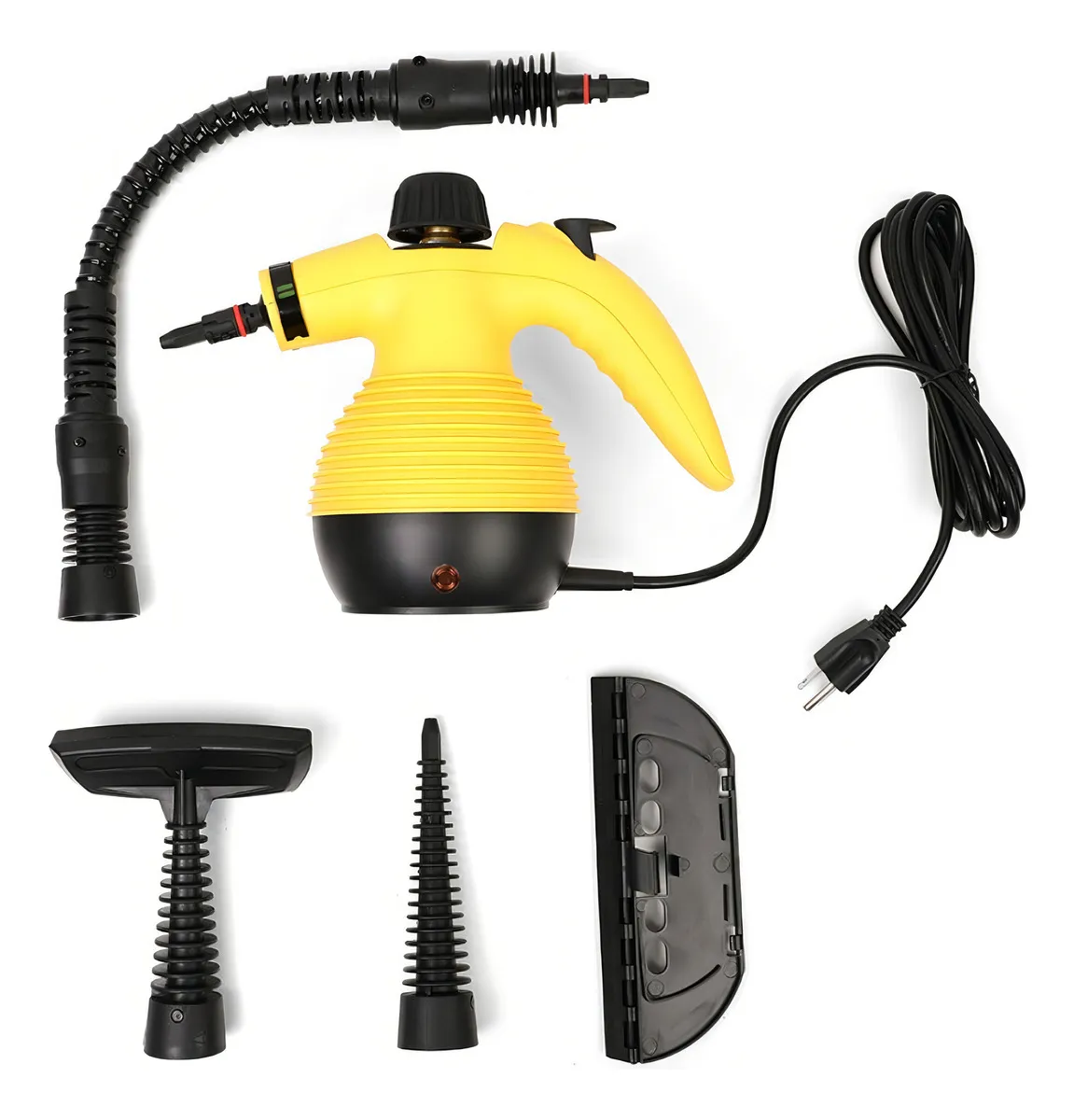 Vaporizador eléctrico amarillo con manguera flexible, base negra y accesorios incluidos: boquilla plana, punta estrecha y panel de control. Cable de alimentación visible.