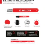 Afilador de acero de tungsteno Bellota en rojo, con mango antideslizante y punta de carburo para afilar tijeras y podadoras. Incluye base magnética y orificios de agarre. Medidas visibles: 12,5 cm de largo.
