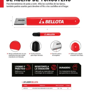 Afilador de acero de tungsteno Bellota en rojo, con mango antideslizante y punta de carburo para afilar tijeras y podadoras. Incluye base magnética y orificios de agarre. Medidas visibles: 12,5 cm de largo.
