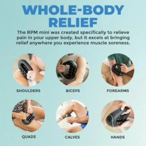 Masajeador eléctrico compacto negro con cabezales intercambiables, usado en hombros, bíceps, antebrazos, cuádriceps, pantorrillas y manos para alivio muscular.
