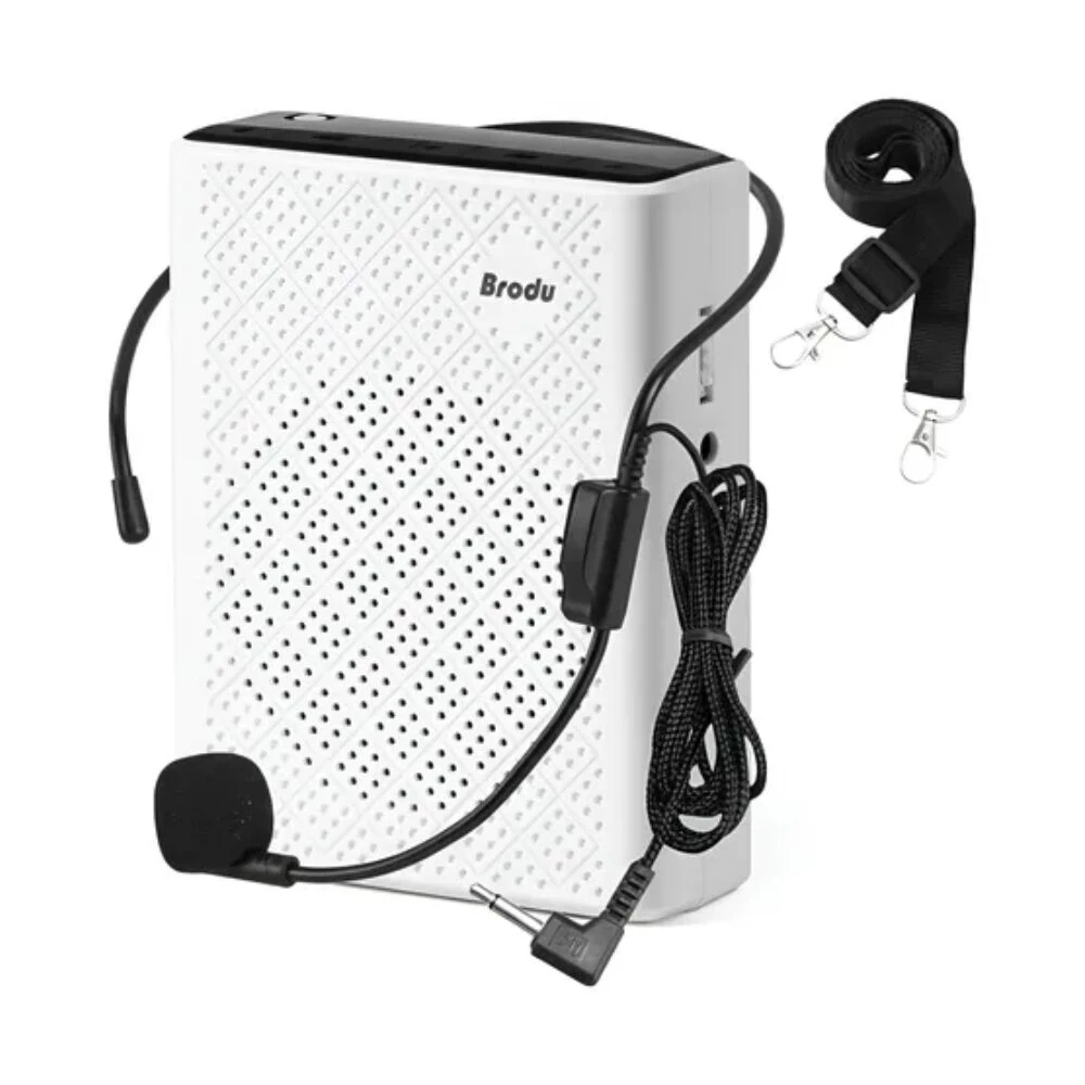 Radio parlante blanco Brodu con micrófono inalámbrico, cable de carga y correa de transporte, diseñado para amplificación vocal.