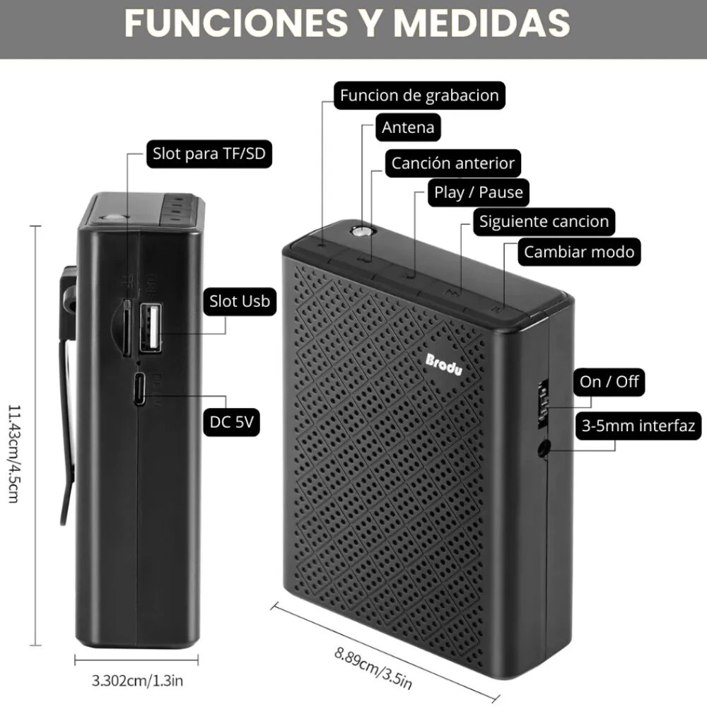 Radio parlante Brodu BTS-1385 negro con micrófono inalámbrico, grabación y ranura TF/SD; medidas 11,43x8,89x3,30 cm.