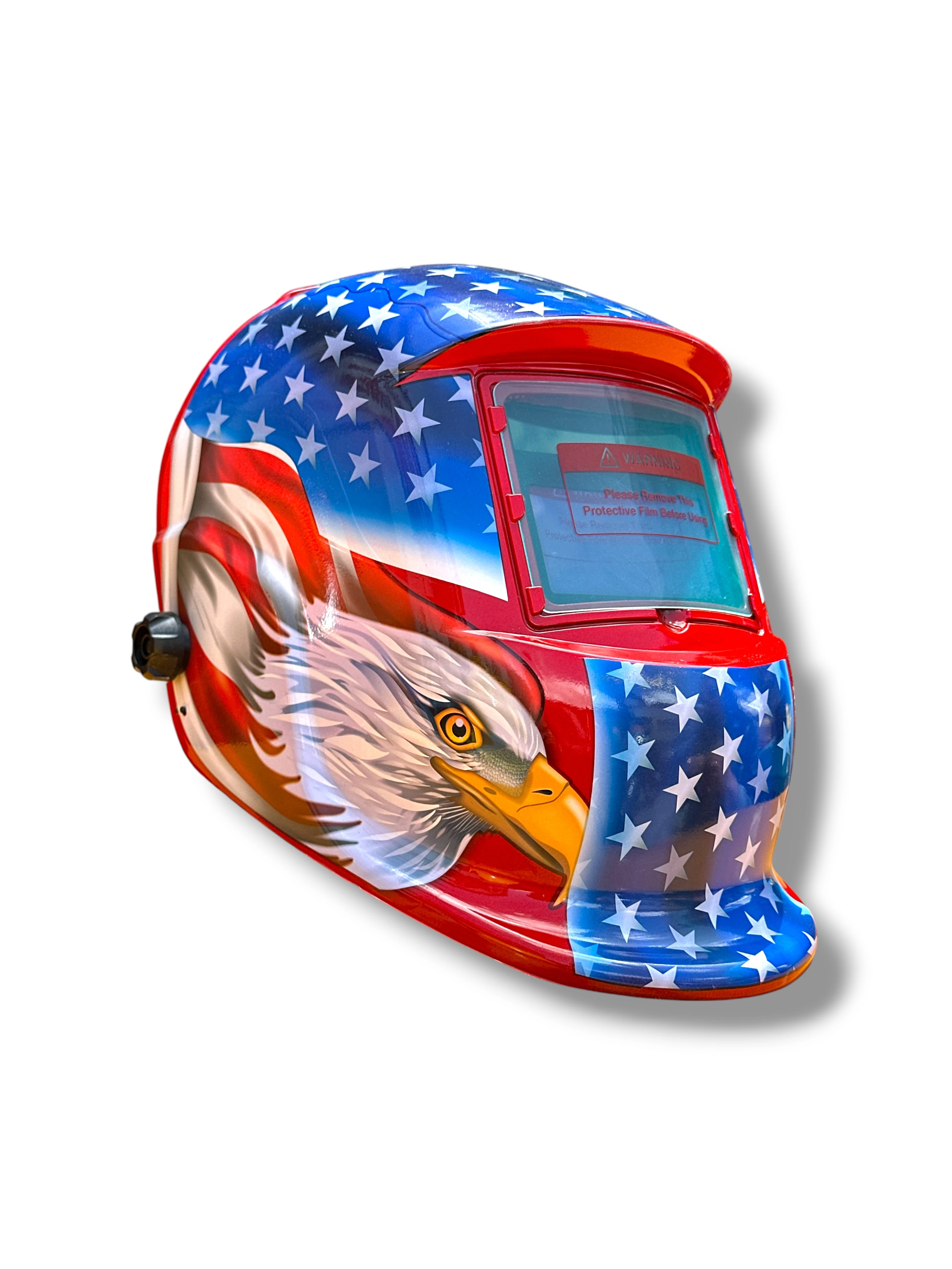 Caretas de soldadura con diseño de águila y bandera estadounidense, acabado brillante y visor fotosensible.