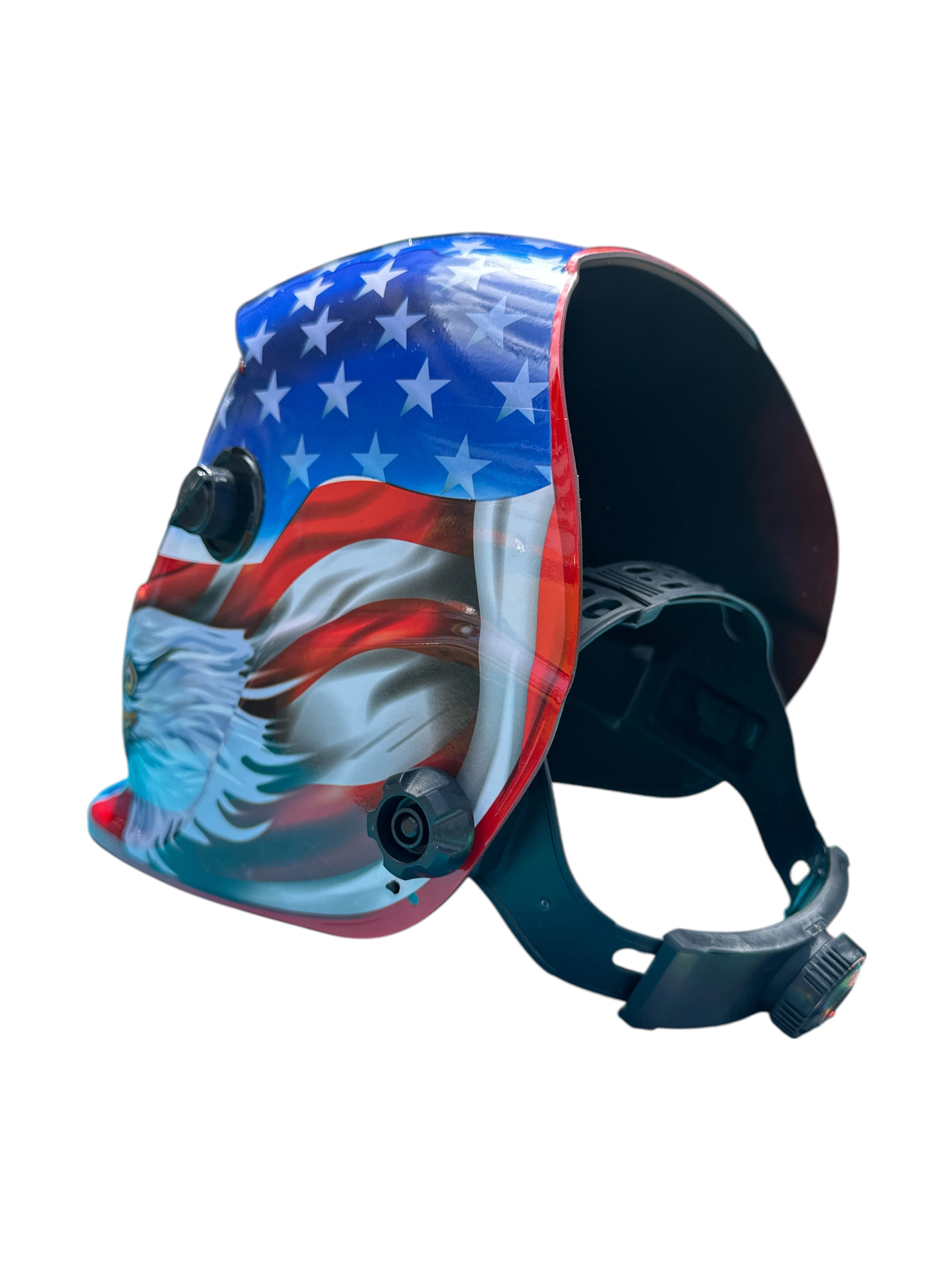 Caretas de soldadura fotosensible con ajuste de sensibilidad, diseño con bandera estadounidense en colores rojo, blanco y azul.