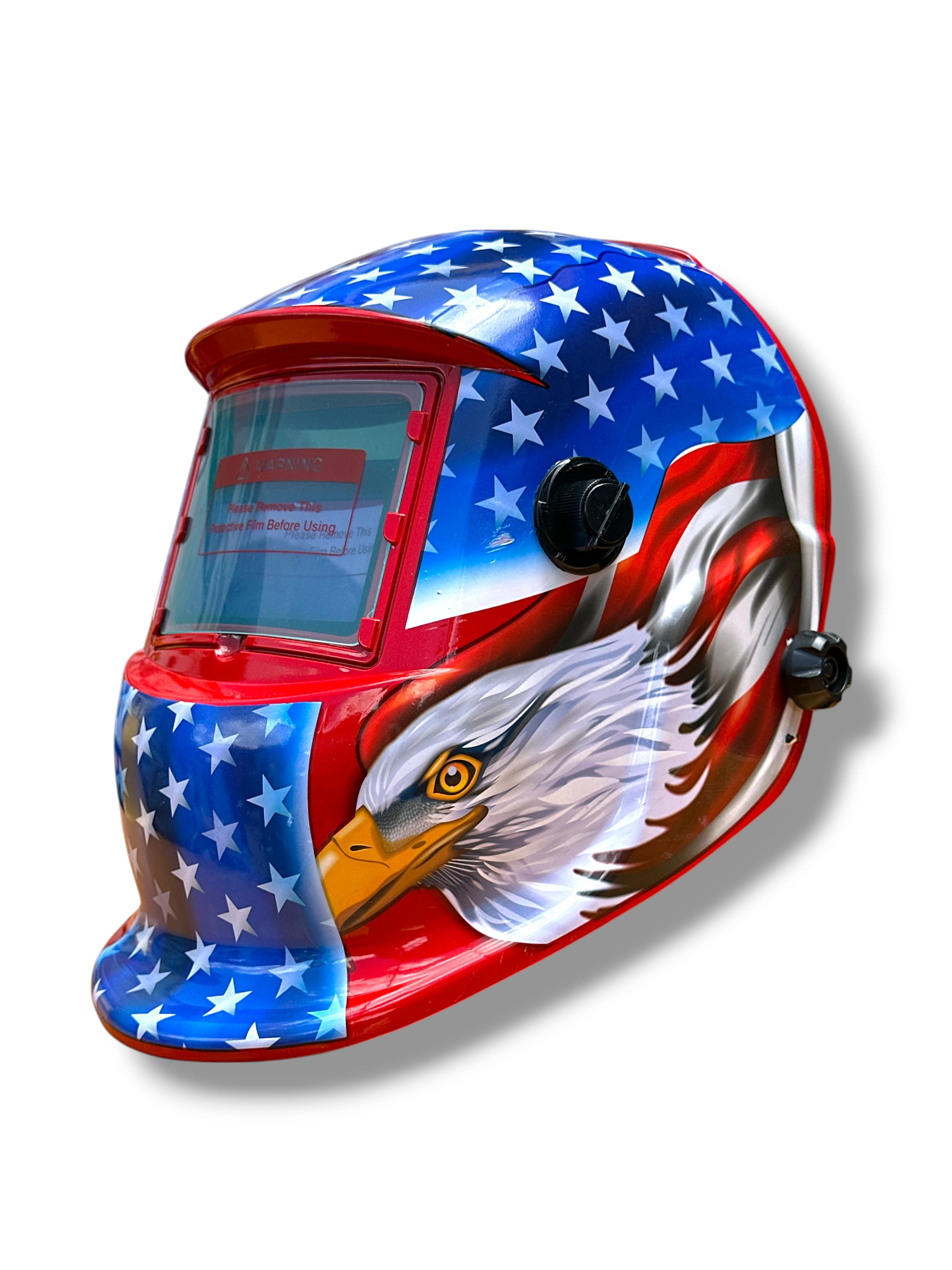 Caretas de soldadura fotosensible con ajuste de sensibilidad, diseño patrio con águila y estrellas sobre fondo rojo, azul y blanco.