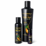 Set de tinte para cabello Calgrifh en tres presentaciones: botella grande de 100 ml, frasco mediano y pequeño de 30 ml, todos negros con etiqueta dorada y diseño de piña. Incluye champú, colorante y activador.