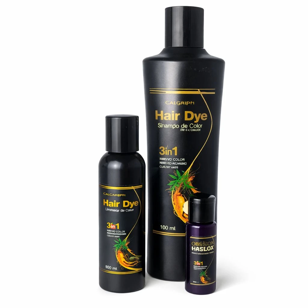 Set de tinte para cabello Calgrifh en tres presentaciones: botella grande de 100 ml, frasco mediano y pequeño de 30 ml, todos negros con etiqueta dorada y diseño de piña. Incluye champú, colorante y activador.