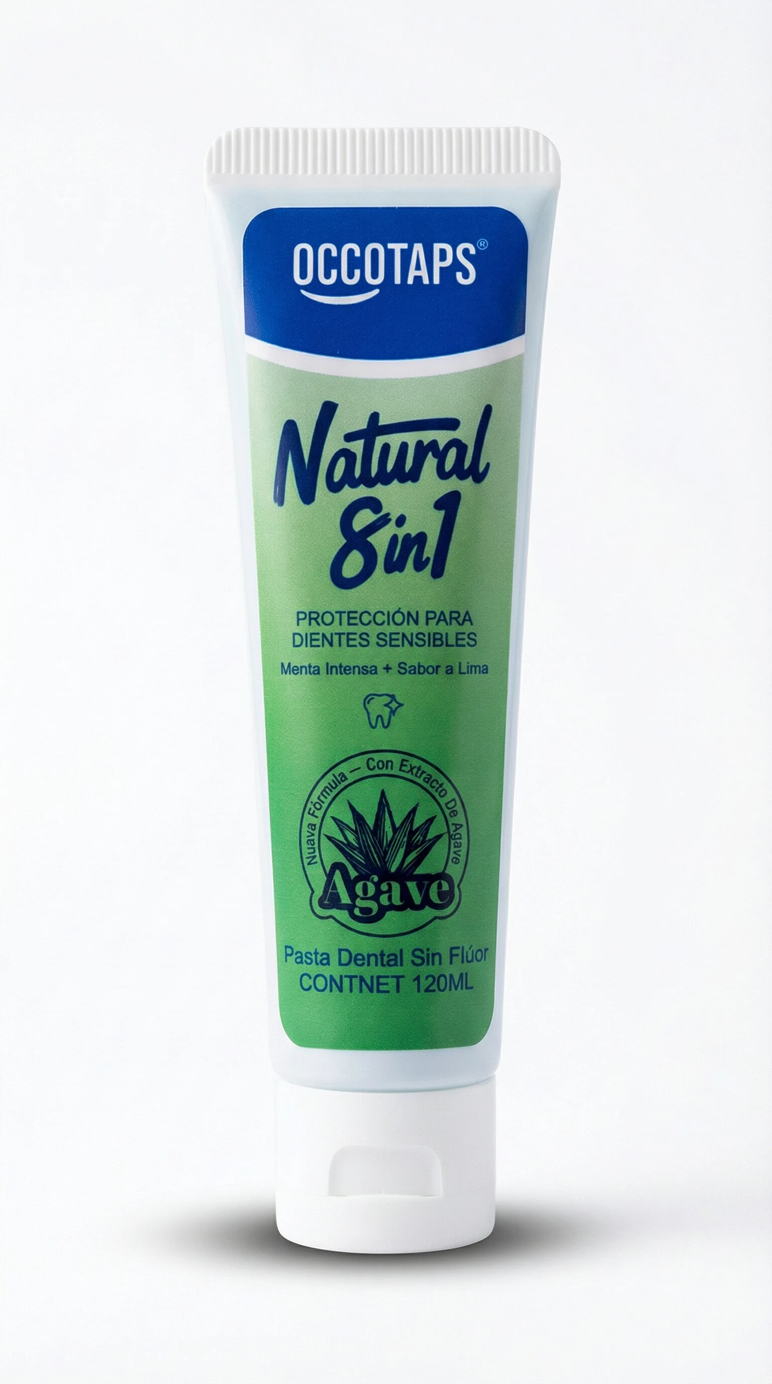 Tubo de pasta dental Occotaps Natural 8 en 1 para dientes sensibles, con etiqueta verde y azul, diseño vertical, presentación de 120 ml.