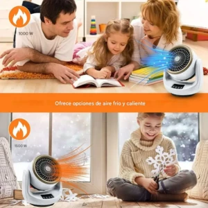 Calentador digital blanco con flujo de aire cálido y frío, mostrando uso familiar en interiores y exterior invernal.