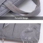 Maletín gris acolchado para laptop de 13 a 17 pulgadas, con asa portátil y superficie repelente al agua.