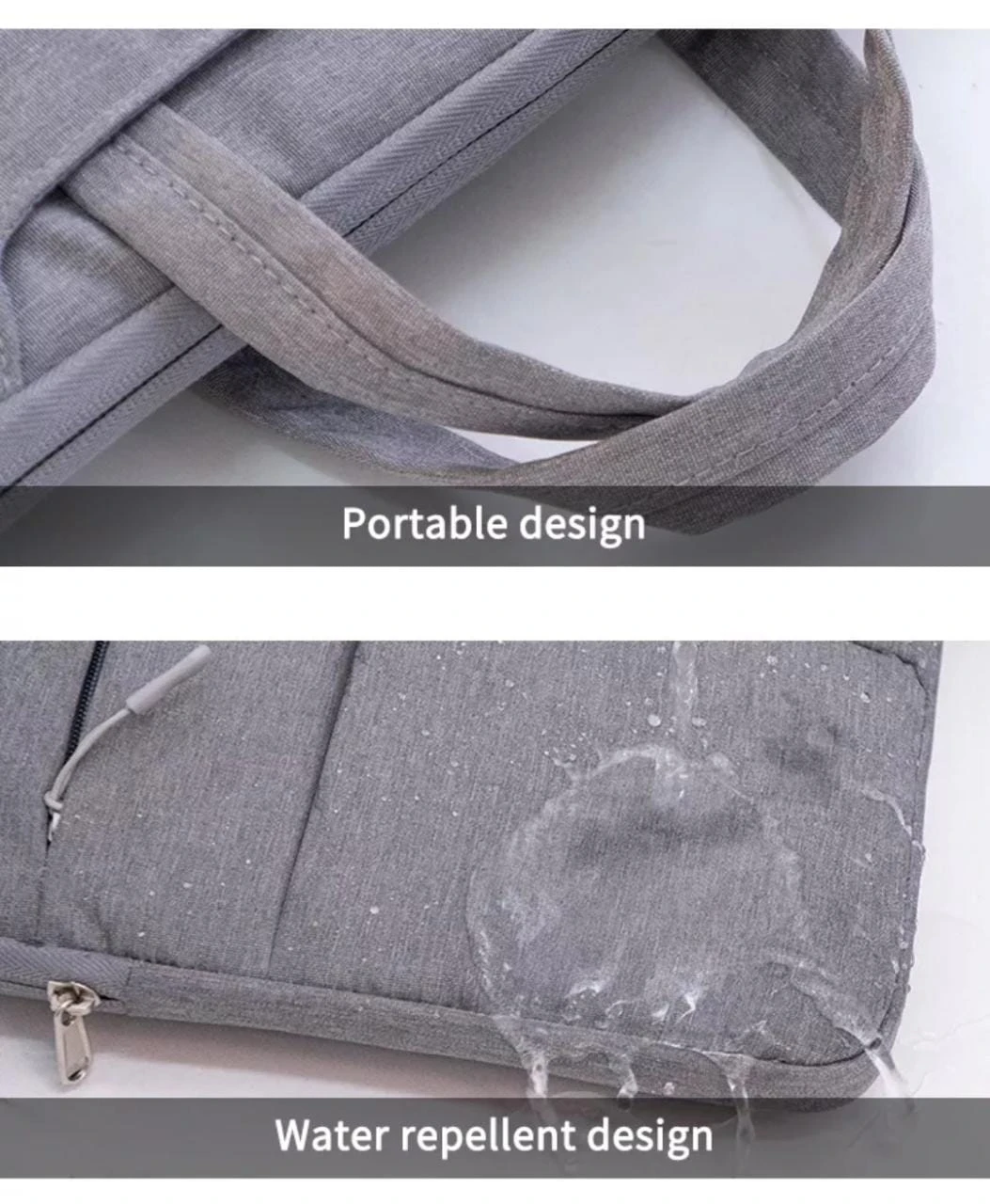 Maletín gris acolchado para laptop de 13 a 17 pulgadas, con asa portátil y superficie repelente al agua.