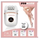 Depiladora eléctrica recargable Promozer 3 en 1 blanca con pantalla digital, incluye tres cabezales intercambiables para depilación y cuidado corporal.