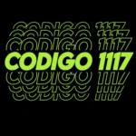 Texto CODIGO 1117 en color verde lima sobre fondo negro con efecto de letras repetidas y capas estilizadas.