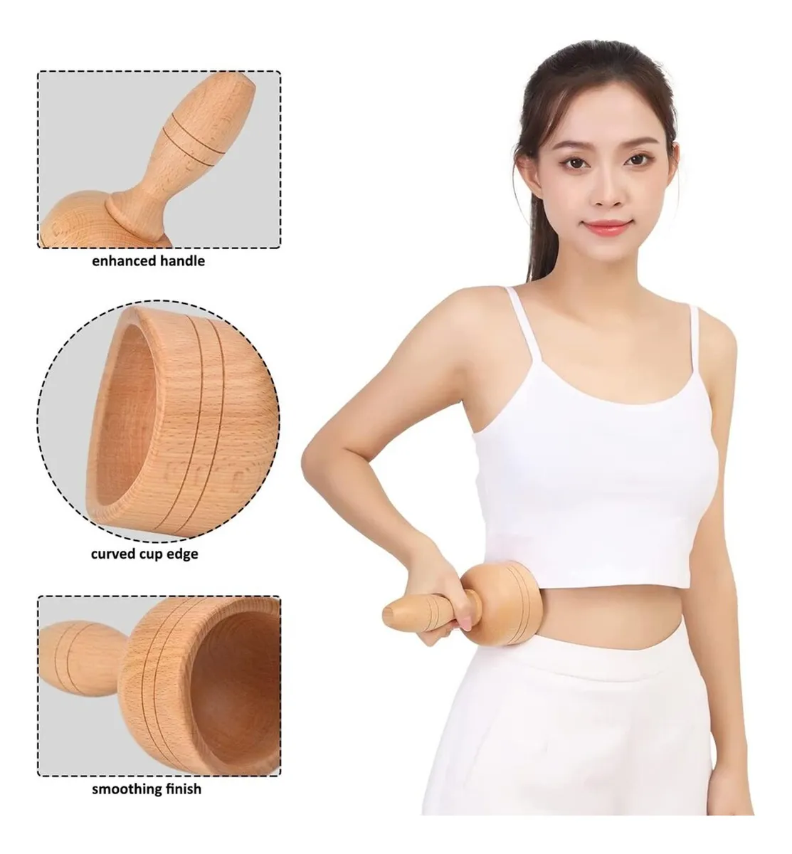 Copa sueca de maderoterapia ergonómica en madera clara, con mango curvado y borde redondeado, mostrada en uso por mujer con ropa blanca.