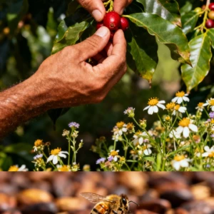 Manos recolectando cerezas rojas de café en planta con hojas verdes, acompañadas de flores silvestres; abajo, abeja sobre granos secos de café en estera de madera.