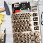 Organizador de pilas con probador BT-168 integrado, vista superior sobre superficie blanca; incluye compartimentos para pilas AA, AAA y probador con indicador visual.