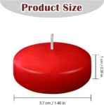 Vela flotante roja de 3.7 cm de diámetro y 1 cm de altura, con mecha central visible, ideal para decoración de baños o veladoras románticas.