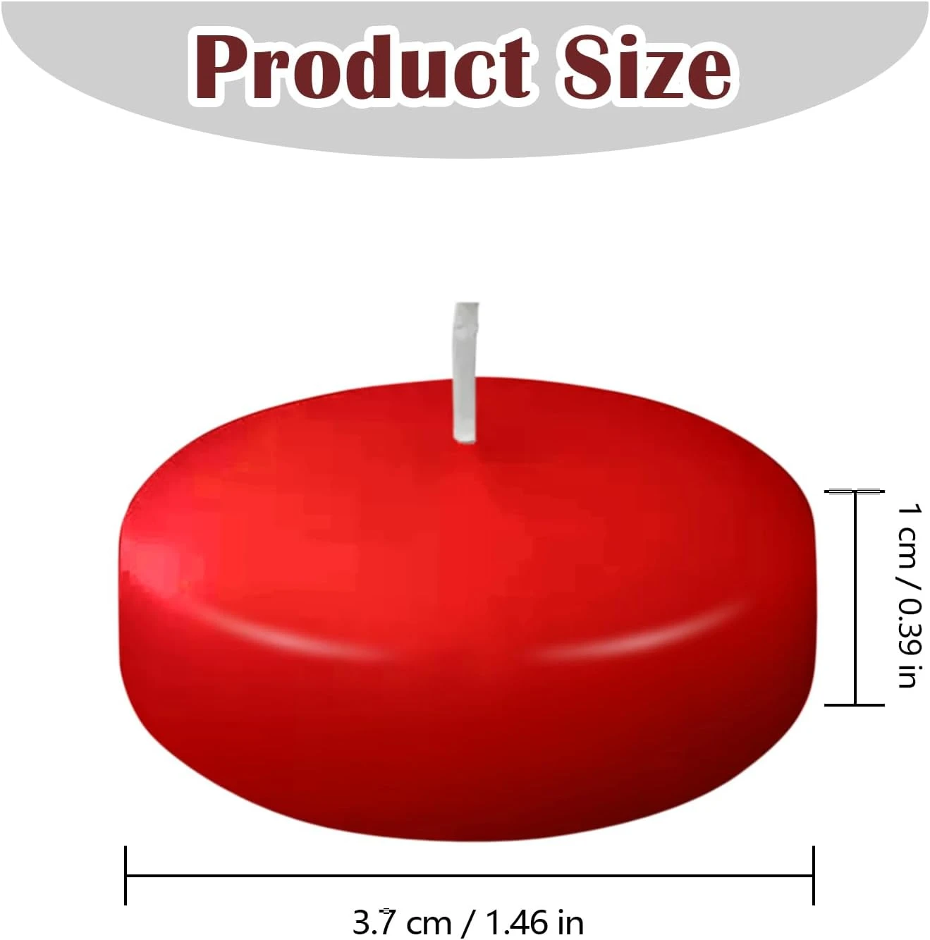Vela flotante roja de 3.7 cm de diámetro y 1 cm de altura, con mecha central visible, ideal para decoración de baños o veladoras románticas.