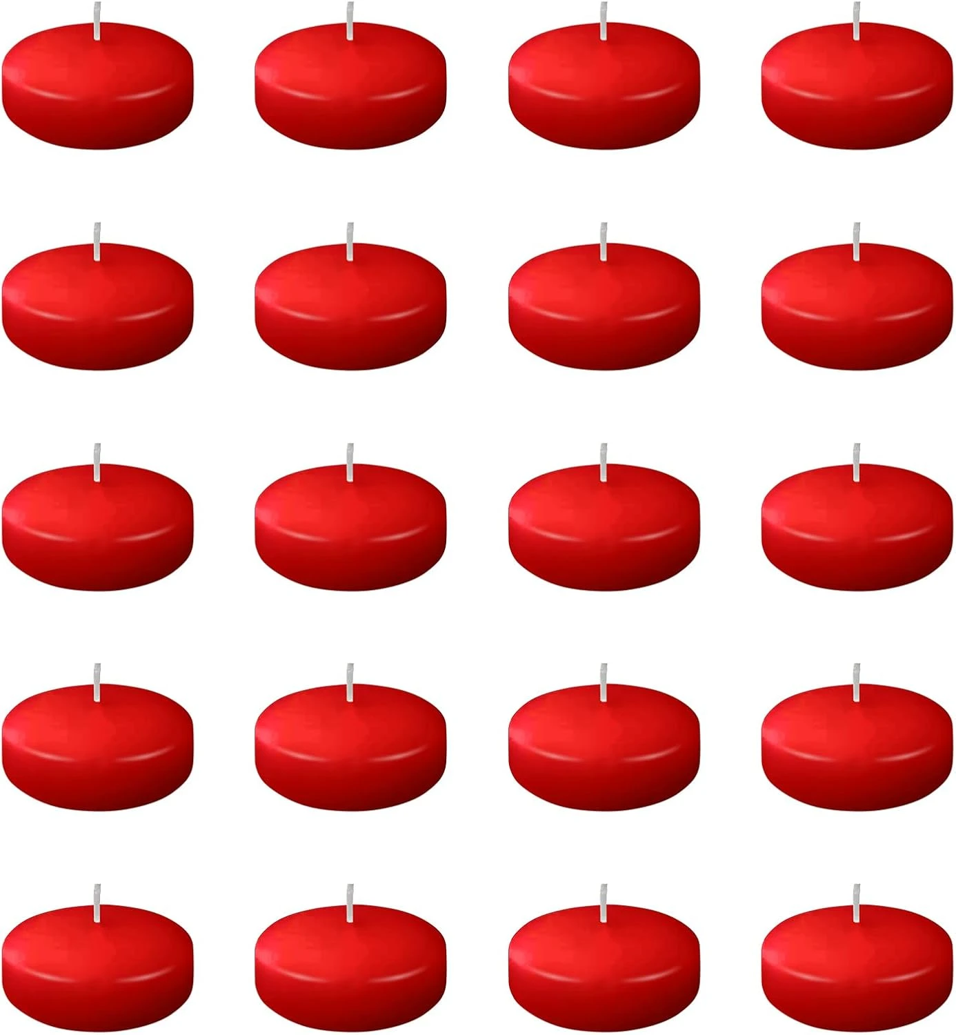 Velas flotantes rojas de 20 unidades, dispuestas en cuadrícula de cinco filas por cuatro columnas, con mechas visibles y acabado liso.