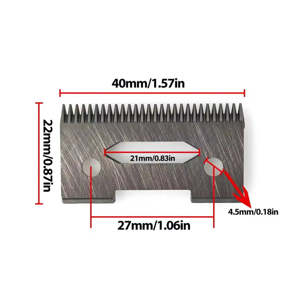 Cuchilla de repuesto V-003 para cortadora de cabello, color gris metálico con dientes afilados y medidas 40x22 mm.