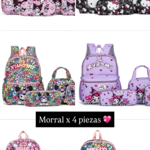 Mochila escolar Sanrio con cuatro piezas: mochila, estuche, bolsa de almuerzo y portamonedas. Disponible en rosa, negro y morado.
