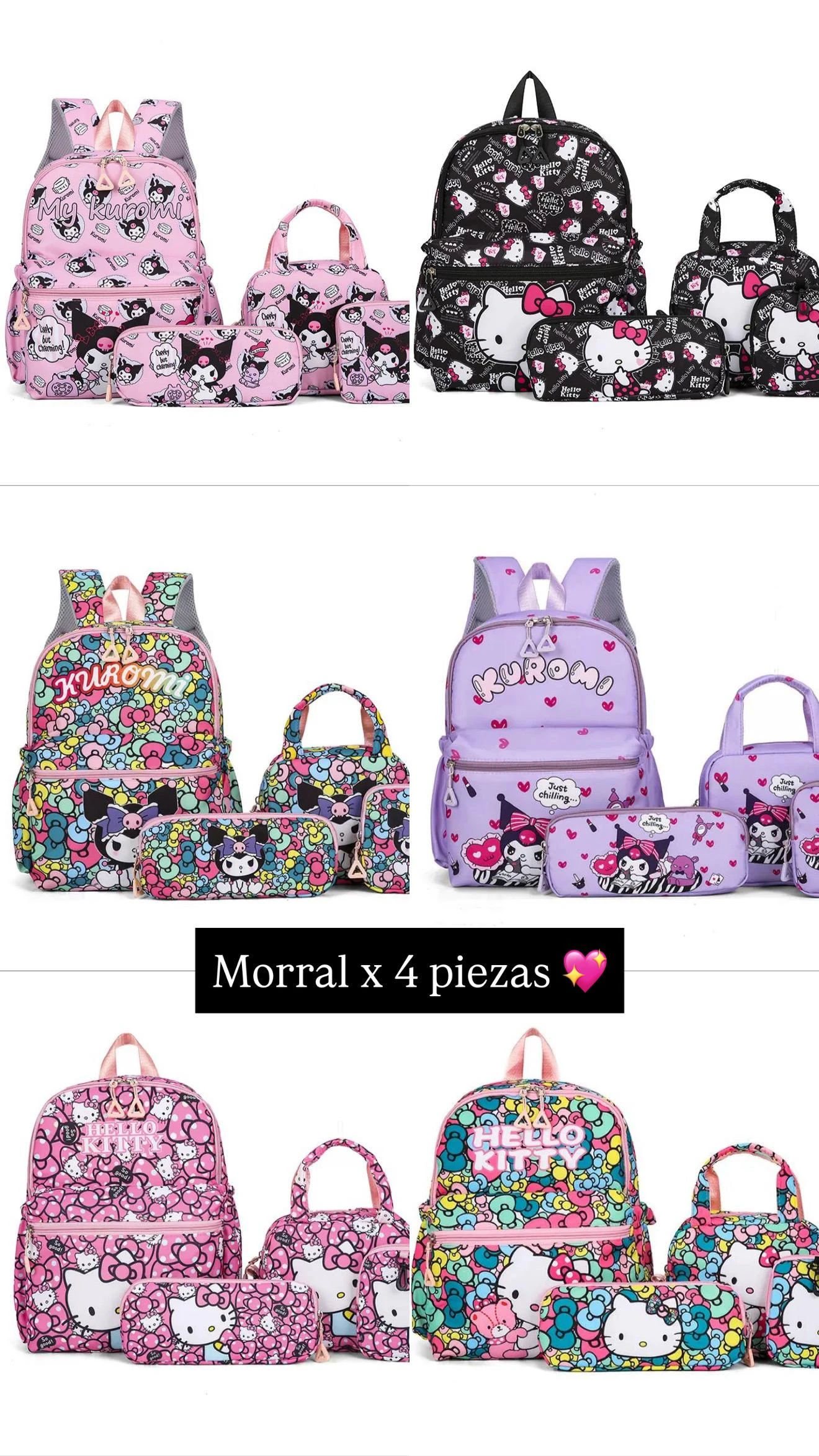 Mochila escolar Sanrio con cuatro piezas: mochila, estuche, bolsa de almuerzo y portamonedas. Disponible en rosa, negro y morado.