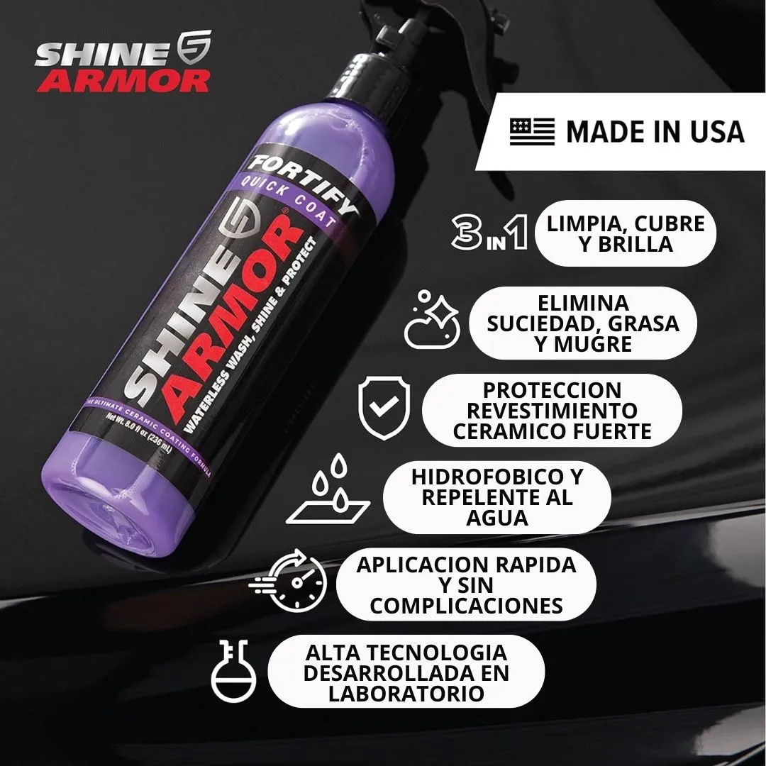 Botella de spray de Shine Armor en color morado, con etiqueta negra y texto blanco y rojo. Muestra protección cerámica, limpieza y brillo para autos. Incluye iconos que indican hidrofobicidad, eliminación de suciedad y aplicación rápida.