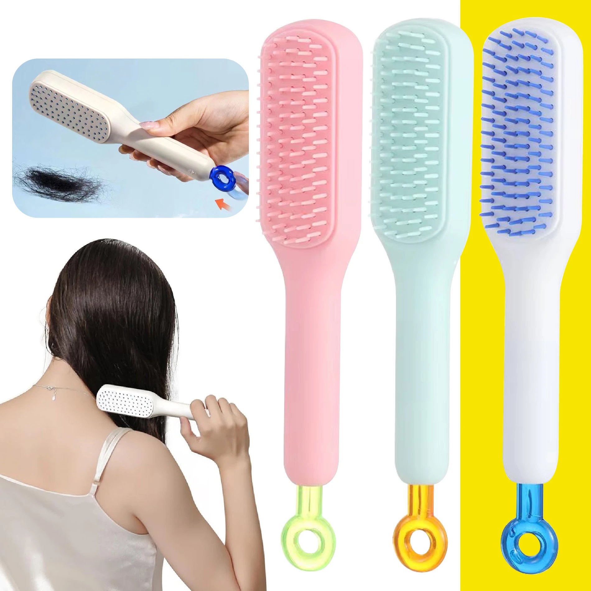 Cepillo retráctil autolimpiante en tres colores: rosa, menta y blanco con detalles en verde, amarillo y azul. Incluye botón para liberar cabello atorado.