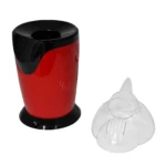 Crispetera de aire compacta con cuerpo rojo y tapa negra, junto a su base transparente extraíble.