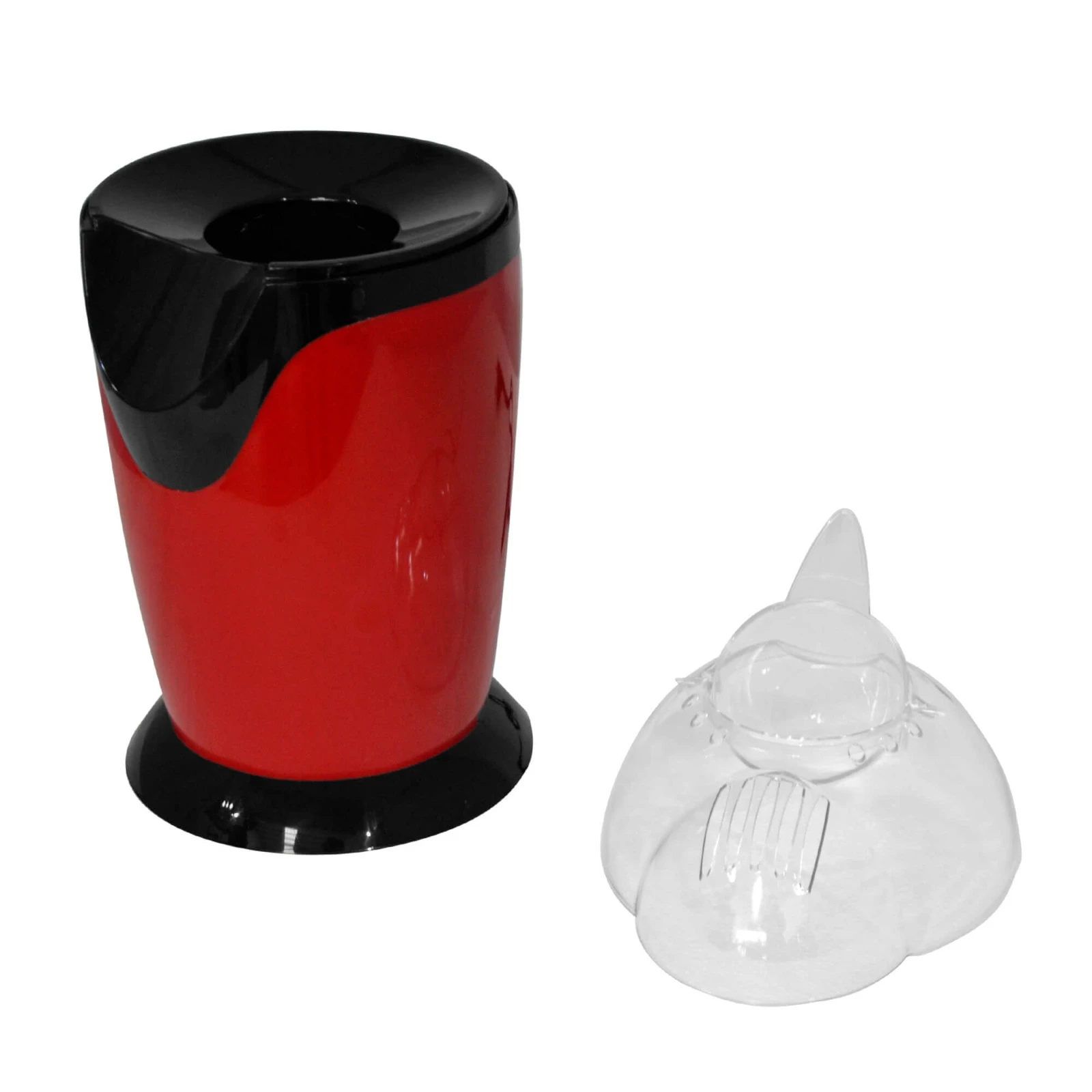 Crispetera de aire compacta con cuerpo rojo y tapa negra, junto a su base transparente extraíble.