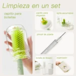 Kit de limpieza portátil para biberones con cepillo de silicona verde, estuche transparente y accesorios incluidos: cepillo para botellas, cepillo para chupetes, rejilla escurridora, pincel de pipeta, botella de llenado y organizador.