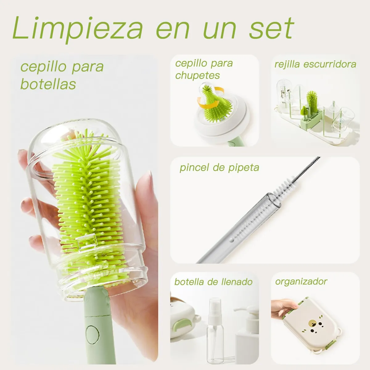 Kit de limpieza portátil para biberones con cepillo de silicona verde, estuche transparente y accesorios incluidos: cepillo para botellas, cepillo para chupetes, rejilla escurridora, pincel de pipeta, botella de llenado y organizador.