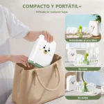 Kit de limpieza portátil para biberones en color blanco con diseño de animalito, siendo guardado en una bolsa de mano beige. Incluye cepillos de silicona y estuche compacto.